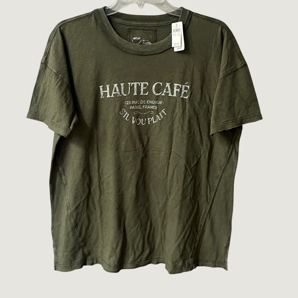 Aerie Oversized Haute Cafe Paris Graphic T Shirt Womens XXS Olive Green NWT